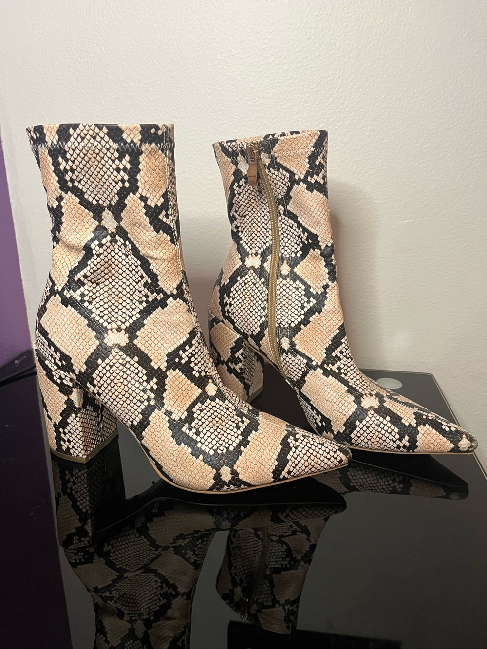 PrettyLittleThing Snake-Print Pointed Ankle Boots in Beige and Black